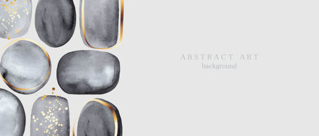 Chic, elegant background with grey watercolor citcles, ovals. Golden line art, shiny splatters, dots.のイラスト素材