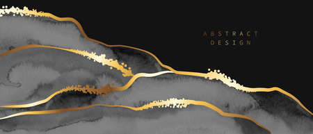 Dark grey watercolor abstract art with golden lines, waves. Art landscape. Design for poster, mural, cover, card.のイラスト素材