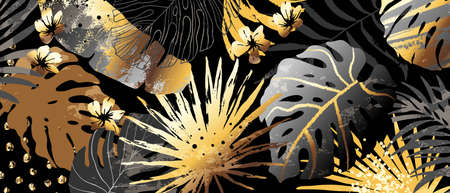 Abstract art nature background with golden, grey, beige exotic leaves. Artistic grunge hand drawn texturesのイラスト素材
