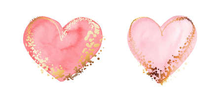 Two pink hearts. Watercolor hand painted symbol of love. Golden lines, splatters.のイラスト素材
