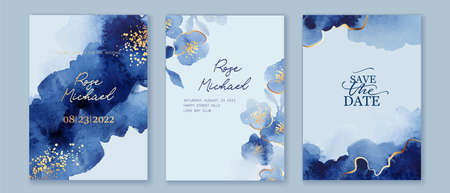 Set of elegant, romantic wedding crds, covers, invitations with shades of blue flowers. Golden lines, splatters.の写真素材