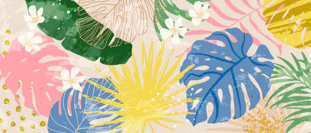 Abstract art nature background with colorful exotic leaves. Artistic grunge hand drawn textures.のイラスト素材