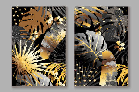 Abstract art nature background with golden, grey, beige exotic leaves. Artistic grunge hand drawn textures.の写真素材