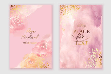 Elegant cards in pink, yellow,white, violet golden colors. Watercolor spots, roses, flowers, splatters.の写真素材