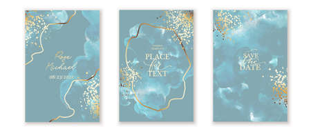 Set of vertical backgrounds. Turquoise, white watercolor fluid painting vector design. Dusty pastel, neutral and golden marble.の写真素材