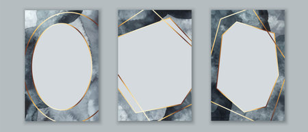 Cards with geometric frames and golden lines. Grey, black, white grunge watercolor textures . Place for text.の写真素材