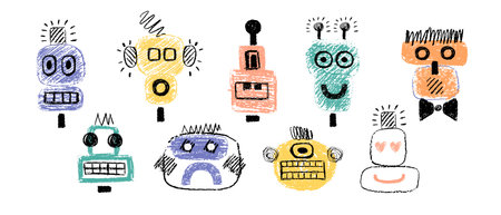 Simple robots drawings. Geometric faces, characters.のイラスト素材