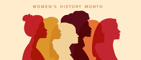 Women s History Month banner. Paper art style colorful vector illustration. Women s profile silhouettes.のイラスト素材