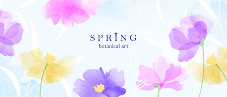 Abstract spring art vector background. Botanical watercolor design. Field flowers, plants, leaves.の写真素材