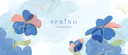 Abstract spring art vector background. Botanical watercolor design. Field flowers, plants, leaves.の写真素材