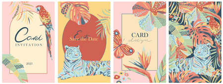 Set of colorful exotic cards, covers, invitations. Tropical leaves, flowers, butterfly, parrot, tiger. Trendy style botanical and animal design.のイラスト素材