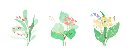 Set of floral bouquettes. Flowers, leaves, plants. Line art and watercolor design.の写真素材