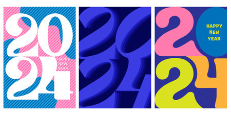 2024 New Year numbers set. Different font, typeface number styles. Design for calendar, greeting card, poster, cover, business print.のイラスト素材