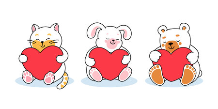 Set of cute baby animals with heart. Cat, teddy bear, hair hugging big red heart. Cartoon simple flat style.のイラスト素材
