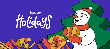 Christmas and New Year holiday poster, card, background. Snowman with gift, gift box in his hands. Lots of gifts, XMAS tree. Charity, shop sale, voucher template.のイラスト素材