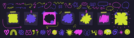 Colorful abstract backgrounds with retro shapes. Groovy design in trendy 90s cartoon style. Psychedelic, acid clors, design elements, stickers. Speech bubbles. Place for text, quote.のイラスト素材