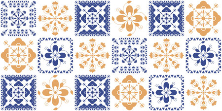 Seamless pattern with square antique geometric ornament. Indigo and beige colors. Endless azulejo wall, floor tile.のイラスト素材
