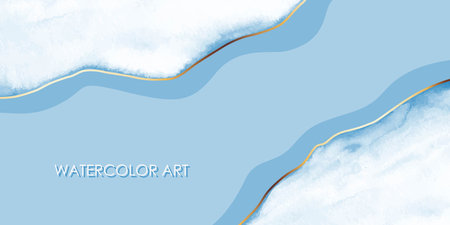 Soft watercolor abstract background in pale blue, white shades. Neutral natural design. Elegant card, cover, invitation, voucher design. Golden lines, ink, watercolor blots.のイラスト素材