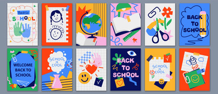 Back to school cards, backgrounds set. Simple flat style education icons, symbols, doodles. Art...