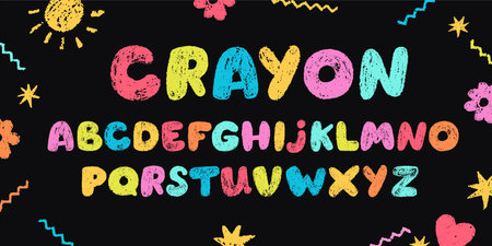 Cute crayon hand drawn letters. Kid font. ABC. School alphabet with chalk texture.のイラスト素材