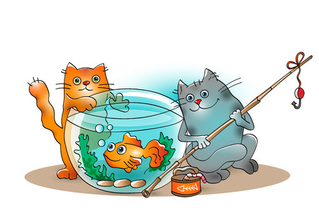Funny cats catch goldfish from the aquarium on white backgroundのイラスト素材