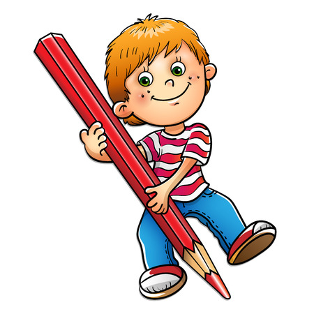 Young boy drawing with red pencil isolated on white backgroundのイラスト素材