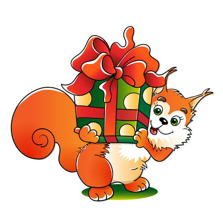 Red squirrel with a great gift isolated on white backgroundのイラスト素材