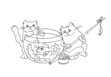 Coloring Page Outline Of funny cats catching  goldfish from the aquariumのイラスト素材