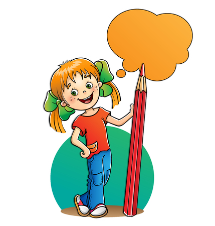 Girl with  red pencil isolated on white backgroundのイラスト素材