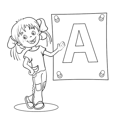 Coloring Page Outline Of a Cartoon Girl with pencil and large letter isolated on white backgroundのイラスト素材