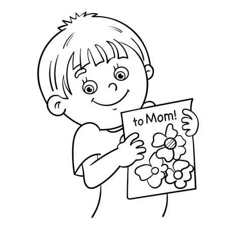 Coloring Page Outline Of a Cartoon boy with a pictureのイラスト素材