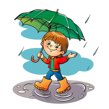 Joyful boy  walking in the rain isolated on whiteのイラスト素材