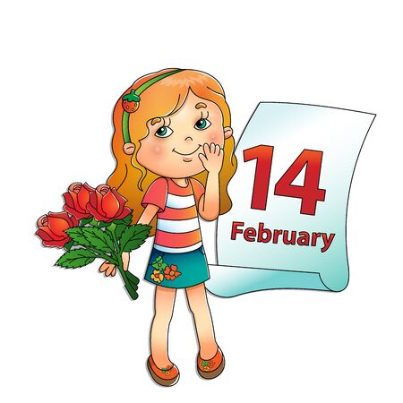 February 14. Valentine's day. Day of lovers. Beautiful girl with a bouquet of roses in his hand with a calendar on a white backgroundのイラスト素材