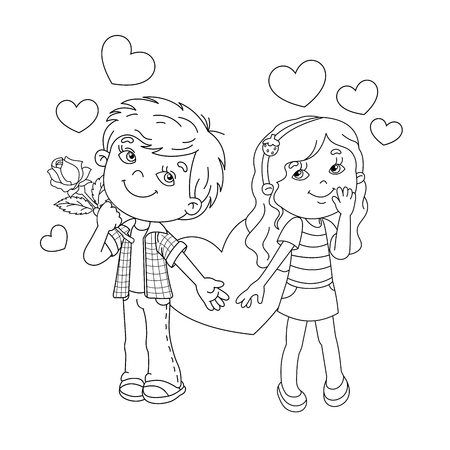 Coloring Page Outline Of cartoon Boy and girl with hearts. Coloring book for kids. Valentine's dayのイラスト素材