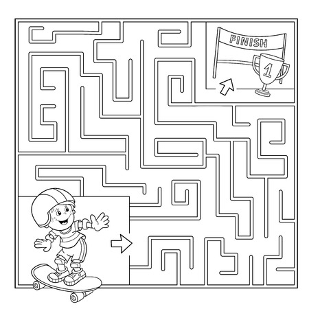 Coloring Page Outline Of cartoon Boy on the skateboard. Labyrinth. Puzzle for kidsのイラスト素材
