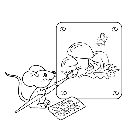 Coloring Page Outline Of cartoon little mouse with picture of mushrooms with brush and paints. Coloring book for kidsのイラスト素材