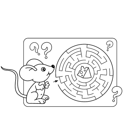 Cartoon Vector Illustration of Education Maze or Labyrinth Game for Preschool Children. Puzzle. Coloring Page Outline Of little mouse with cheese. Coloring book for kids.のイラスト素材