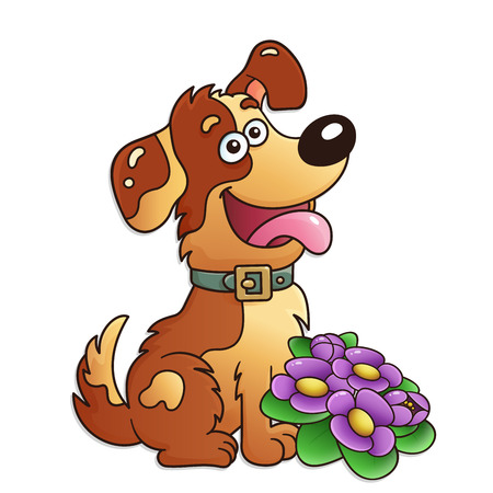 Funny dog with flowers isolated on white background. Greeting card. Birthday. Valentine's day. For kids.のイラスト素材