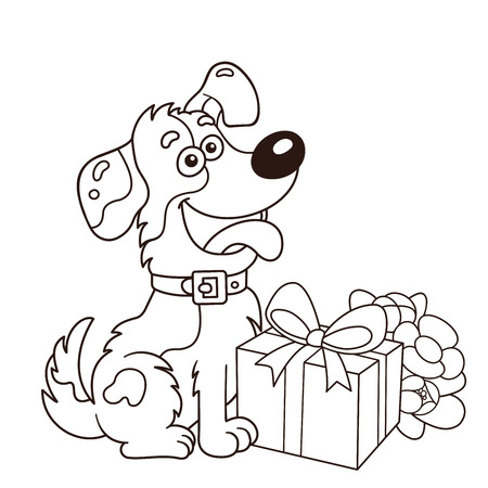 Coloring Page Outline Of cartoon dog with gift and flowers. Greeting card. Birthday. Valentine's day. Coloring book for kids.のイラスト素材
