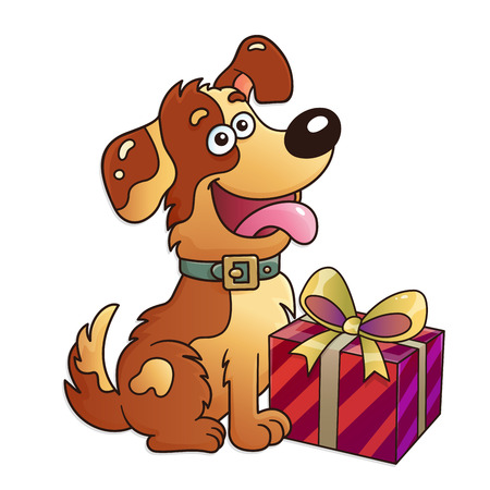 Funny dog with gift isolated on white background. Greeting card. Birthday. Valentine's day. For kids.のイラスト素材