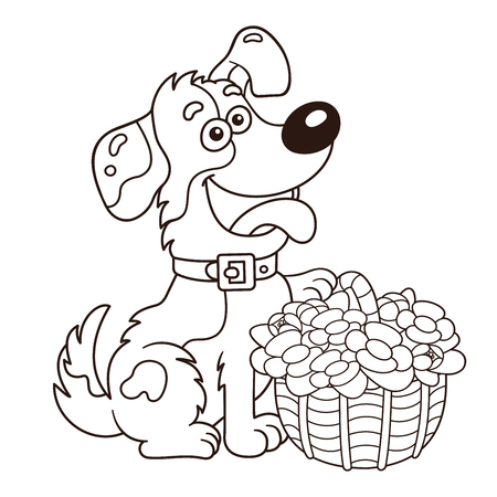 Coloring Page Outline Of cartoon dog with basket of flowers. Greeting card. Birthday. Valentine's day. Coloring book for kids.のイラスト素材