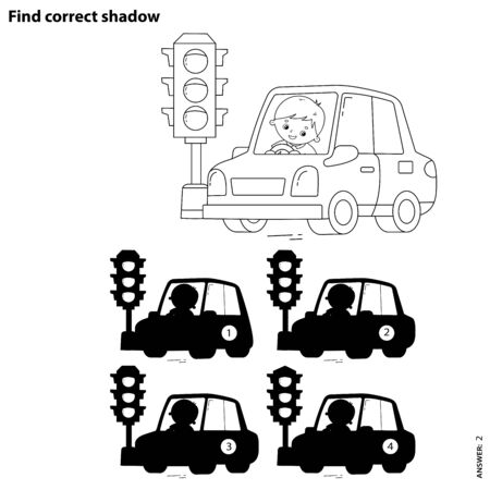 Educational Puzzle Game for kids. Find correct shadow. Coloring Page Outline Of cartoon car with driver. Coloring book for children.のイラスト素材