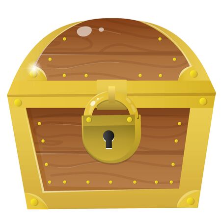 Color image of cartoon treasure chest on a white background. Closed coffer with lock . Decorative element for pirate party for kids. Vector illustration.のイラスト素材