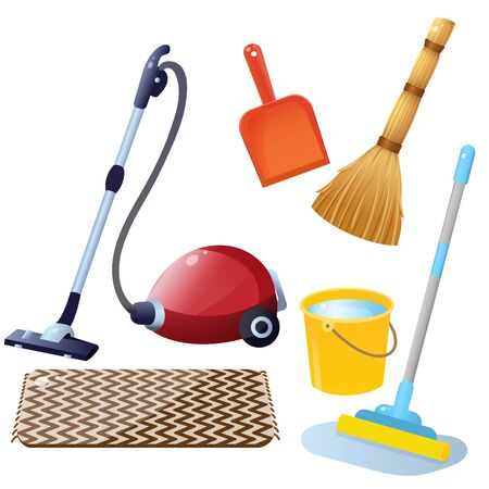 Tools for cleaning and housework. Color images of hoover with carpet, mop with bucket of water, broom with dustpan on white background. Vector illustration set.のイラスト素材