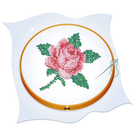 Cross embroidered rose. Color image of hoop with needlework on a white background. Vector illustration for handcraft.のイラスト素材