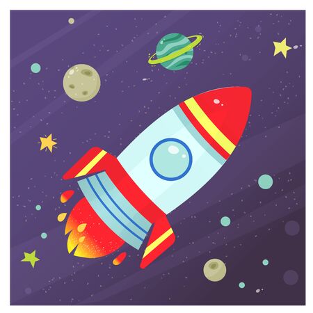 Color image of cartoon rocket in space. Vector illustration for kids.のイラスト素材