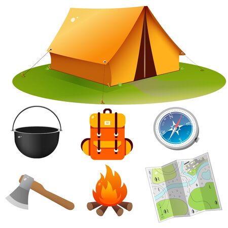 Tourist set. Color images of tourism tent with campfire, of backpack with bowler, of map and compass on white background. Camping and hikings. Vector illustrations.のイラスト素材