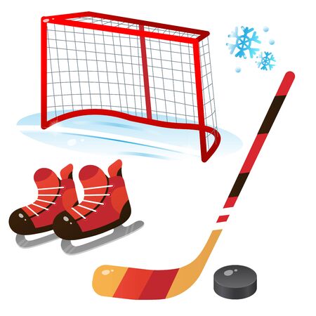 Hockey set. Color images of cartoon skates with stick and puck on white background. Sports equipment. Vector illustration.のイラスト素材