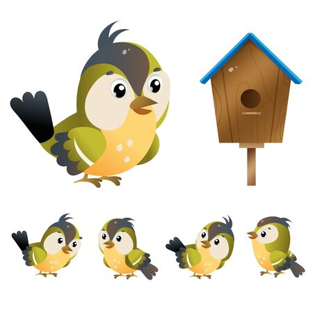 Titmouse. Color images of cartoon bird with birdhouse on white background. Vector illustration set for kids.のイラスト素材