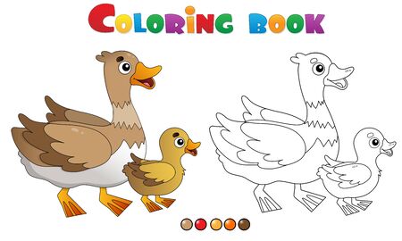 Coloring Page Outline of cartoon duck with duckling. Farm animals. Coloring book for kids.のイラスト素材